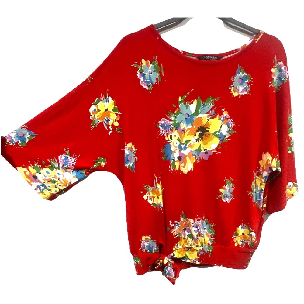 Lauren Ralph Lauren Red Floral Batwing Sleeve Side Tie Knit Top Small